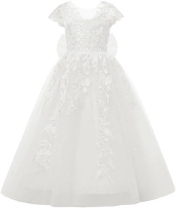 JISISANG Lace Applique Flower Girl Pageant Princess Ball Gowns Dress with Bow-Knot for Wedding Formal Party