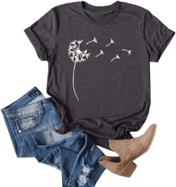 Cicy Bell Women's Dandelion Print T Shirts Cute Graphic Tees Short Sleeve Summer Cotton Tee Tops Dark Grey Medium