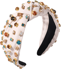 Crystal Velvet Headband Cross Knotted Turban Headdress Colorful rhinestone Statement Wide Hair Band Hoop Accessories For Women Girls (White B)
