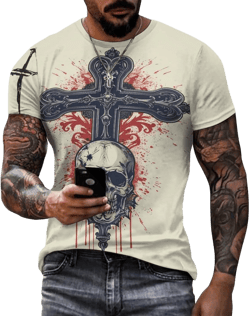 HOTYD Graphic T-Shirts for Men Skull Print Casual Shirts Cross Print Short Sleeve Cotton Tops Plus Size Beach Shirts for Men