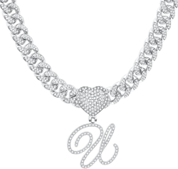 RLMOON Cursive Silver Initial Necklace for Women Miami Iced Out Cuban Chain Choker Necklace Diamond Initial Heart Pendant Letter Necklace Alphabet Hip Hop Jewelry U