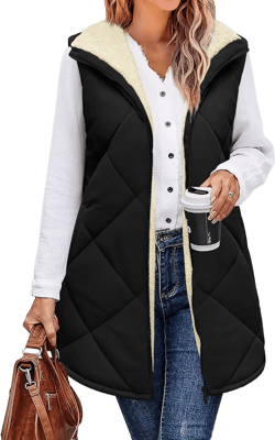 Zeagoo Womens 2025 Reversible Vest Sleeveless Fleece Jacket Double Zip Up Long Warm Winter Coat Outerwear with Pockets Black Medium