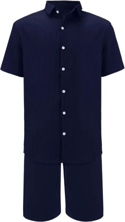 Men's Short Sleeve Tracksuit Cotton Linen Hawaiian Shirt and Drawstring Shorts Suit Fashion 2 Piece Beach Outfits Sets Large Navy