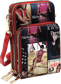 Amy & Joey Magazine Cover Collage Michelle Obama Printed Crossbody Bag Cellphone Purse Wallet (MULTI/RD)