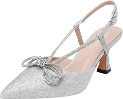 Esvowido Women's Rhinestone Bow Heels Pointed Toe Kitten Low Heel Pumps Satin Shoes Adjustable Ankle Strap Slingback Heeled Wedding Bridal Evening Dress Shoes 7.5 Glitter Silver