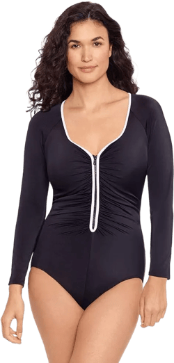 Reebok Women's Swimwear Long Sleeve Colorblock Zipper Front Rashguard One Piece Swimsuit