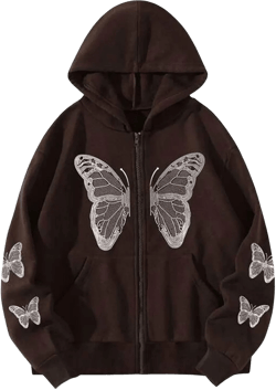 Women Gothic Oversized Hoodie Jacket Butterfly Pattern Long Sleeve Baggy Sweatshirt Front Zipper Coat Tops