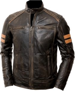Cafe Racer Vintage Motorcycle Genuine Leather Jacket Red Strips on Sleeves Motorbike Style Retro Rub Off Black