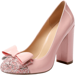 SAMMITOP Women's Block Pumps Round Toe Slip On High Heels Glitter Sequins Ladies Fashion Dress Shoes with Cute Bow 13 3.9inches-pink