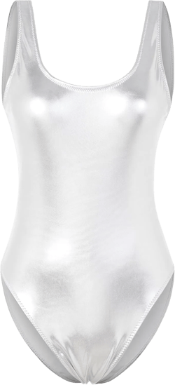 RAISEVERN Women Silver Metallic Swimsuit Bodysuit One Piece Swimswear Retro 80s 90s High Cut Shiny Solid Bathing Suit Party Beachwear