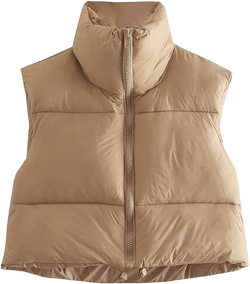 Women's Winter Crop Puffer Vest Lightweight Sleeveless Zip Up Stand Collar Warm Outerwear Vest Padded Gilet Khaki Large