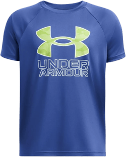 Under Armour Boys' Tech Big Logo Short Sleeve T Shirt Plus (432) Tech Blue / Tech Blue / Morph Green-husky Boys Medium