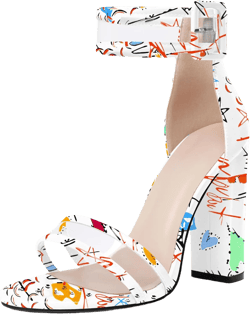 Esvowido Women's Open Toe Denim High Heeled Sandals Fashion Comfortable Ankle Strap Tassel Chunky Block Heels 15 Multi-color Graffiti White