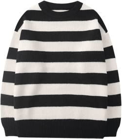 LifeShe Women's Men Striped Sweater Pullovers Oversized Knitted Jumpers Sweatershirts Streetwear Medium White