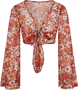 Verdusa Women's Boho 70s Tops Tie Front Bell Long Sleeve Floral Print Mesh Sheer Blouse Crop Tops X-Small Floral Orange