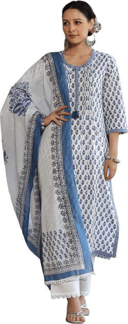 Ethnic Motifs Printed Regular Pure Cotton Kurta with Trousers & Dupatta
