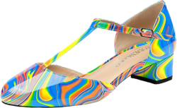 MODENCOCO Women's Patent Buckle T Strap Round Toe Cut Out Chunky Low Heel Pumps Shoes 1.5 Inch 12.5 Blue Yellow Fluid