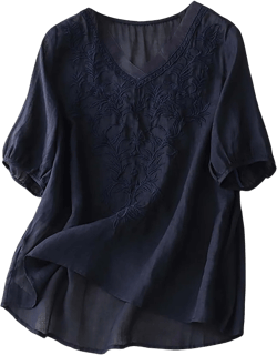 Women's Cotton Linen Button Short Sleeve Shirts Summer Loose Crew Neck Casual Boho Top Vintage Embroidered Blouse Tops XX-Large B-navy