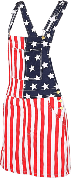XBTCLXEBCO Women Denim Dress Overalls Adjustable Strap Overalls Denim Bib Skirt Distressed Jeans Jumpsuit with Pockets National Flag Small