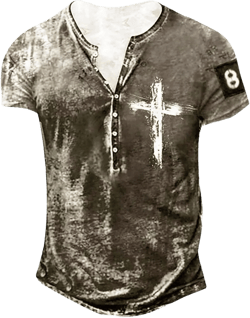 WENKOMG1 Men's Distressed Henley Shirt Short Sleeve Printed T-Shirt Y2k Workwear Washed Tee Large B-army Green