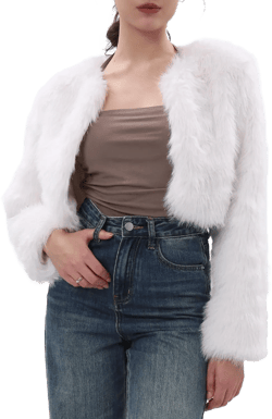 Amazhiyu Women's Faux Fur Cropped Coat Long Sleeve Open Front Winter Jacket White X-Large