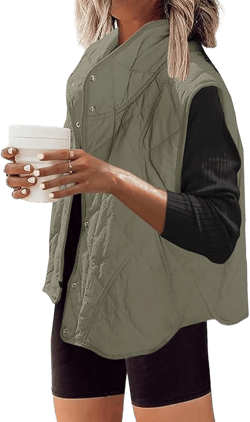 ROJZR Womens Lightweight Quilted Vest Button Clousure Stand Collar Sleeveless Padded Gilet with Pockets(BeanGreen,L)
