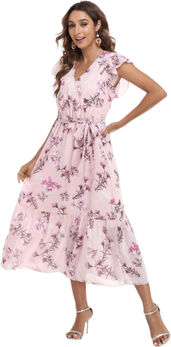 VintageClothing Womens Sundress Casual Floral Summer Boho Dress Flowy Wrap V Neck Ruffle A-Line Pleated Hem Midi Dresses Small Pink With Purple Floral
