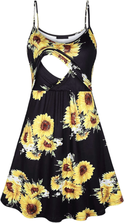 connche Floral Maternity Summer Dress Spaghetti Strap Nursing Breastfeeding Sunflower Small