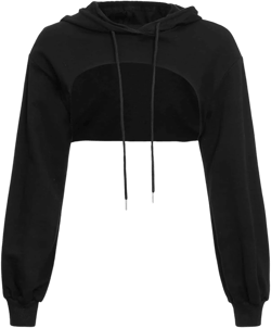 Women's Crop Hoodies Pullover Casual Long Sleeved Solid Color Irregular Personality Exposed Navel Ultra Sweatshirts Medium Black