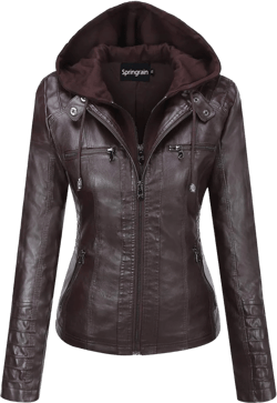 Springrain Women's Faux Leather Jacket Moto Biker Coat with Detachable Hood Motorcycle Jacket Medium Coffee