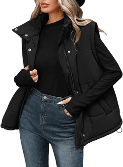 Pink Queen Womens Oversized Quilted Puffer Vest Sleeveless Bubble Padded Stand Collar Zip Up Winter Warm Outerwear Jacket Medium Black
