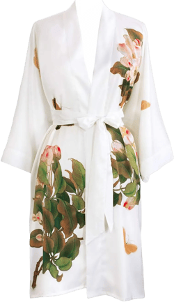 OLDSHANGHAI Women's Charmeuse Kimono Robe Short - Watercolor Floral - Peony & Butterfly- White