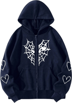 Y2K Gothic Spider Web Heart-shaped Print Hoodied Pullover Punk Zip Up Jacket Coat Harajuku Loose Oversized Streetwear XX-Large Dark Blue