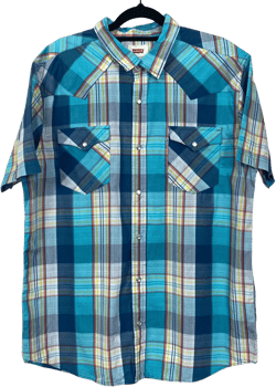 Levis Blue Yellow Red White Checkered Short Sleeve Button Up Business Polo Dress Shirt L C112
