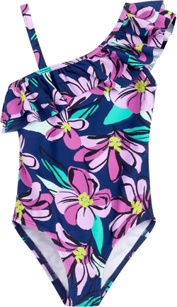 Kanu Surf Girls' Morgan Floral Ruffle 1-Shoulder one Piece Swimsuit Sunflower Navy 3T
