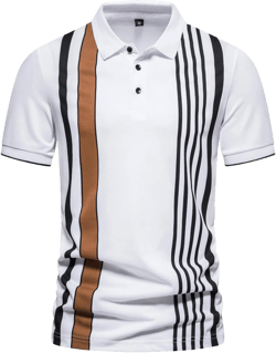 Men's Fashion Casual Business Polo Shirt Summer Striped Print Lapel Short Sleeve Polo Tee Medium White