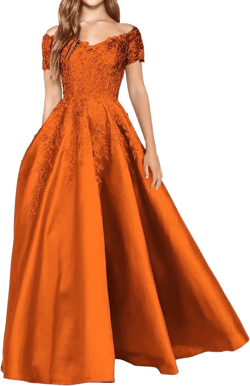 Women’s Off Shoulder Satin Prom Dresses with Sleeves, Lace Appliques Formal Evening Party Gowns with Pocket 2 Orange