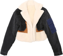 CHARTOU Women's Trendy Sherpa Fleece Patchwork Ripped Moto Biker Thick Quilted Denim Jacket Short Coat Small Black