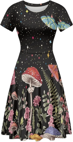 POLERO Sunflower Dress for Women Floral Summer Dresses Short Sleeve Casual Sundresses Midi Dresses 4X-Large Galaxy Mushroom