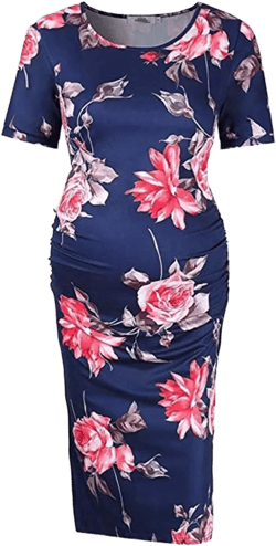 ManMan Women's Maternity Bodycon Causual Mama Dress for Daily Wear Baby Shower Ruched Side Large Short Sleeve,floral Blue
