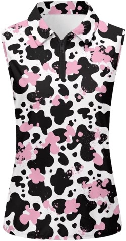 Womens Sleeveless Golf Shirts Zip Up V Neck Workout Tank Tops Quick Dry Lightweight Athletic Tops Cow Print X-Large