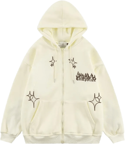 Y2K Hoodie Women Grunge Cross Stars Zip Up Sweatshirt Acubi Emo Oversized Hooded Jacket Harajuku Pullover Alt Clothing Large Beige