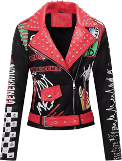 Bellivera Faux Leather Jacket for Women Studded Rivet Floral Moto Biker Short Lapel Coat 3X-Large Black Red