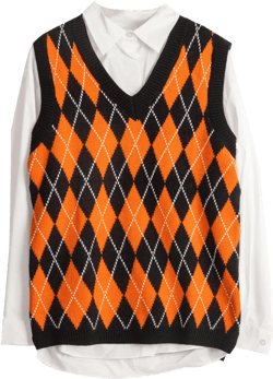 Hyipels Sweater Vest Women,Sleeveless V Neck Argyle Plaid Long Preppy Loose Knitted Casual School Sweaters Tank Top Large A Black+orange