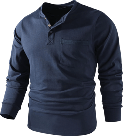 Mr.Stream Men's 3 Button Full Long Sleeve Pocket Work Henley T-Shirts Relaxed Fit 100% Cotton Heavyweight Tees Medium Navy Blue
