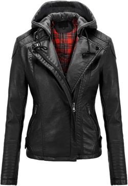 Women's Motorcycle Removable Hood Real Black Leather Jacket Long Sleeve Autumn Winter Casual Fashion Moto Short Coat XX-Large
