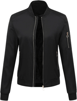 NATHGAM Women's Bomber Jackets Lightweight Casual Jacket Full Zip Windbreaker Jacket Solid Stand Collar Lady Slim Sportswear XX-Large Black