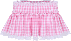 Moily Unisex Men Women A-line Mini Skirt Lace Hem Plaid Gingham Crossdress Daily Party Dress X-Small Pink#plaid