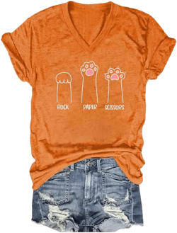 Rock Paper Scissors Cat Paw Print Funny Cat Shirts for Women Graphic Tees X-Large Orange