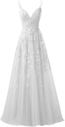 Tulle Lace Appliques Prom Dresses A Line V Neck Ball Gown Spaghetti Straps Formal Evening Dress Wedding Gowns 12 White